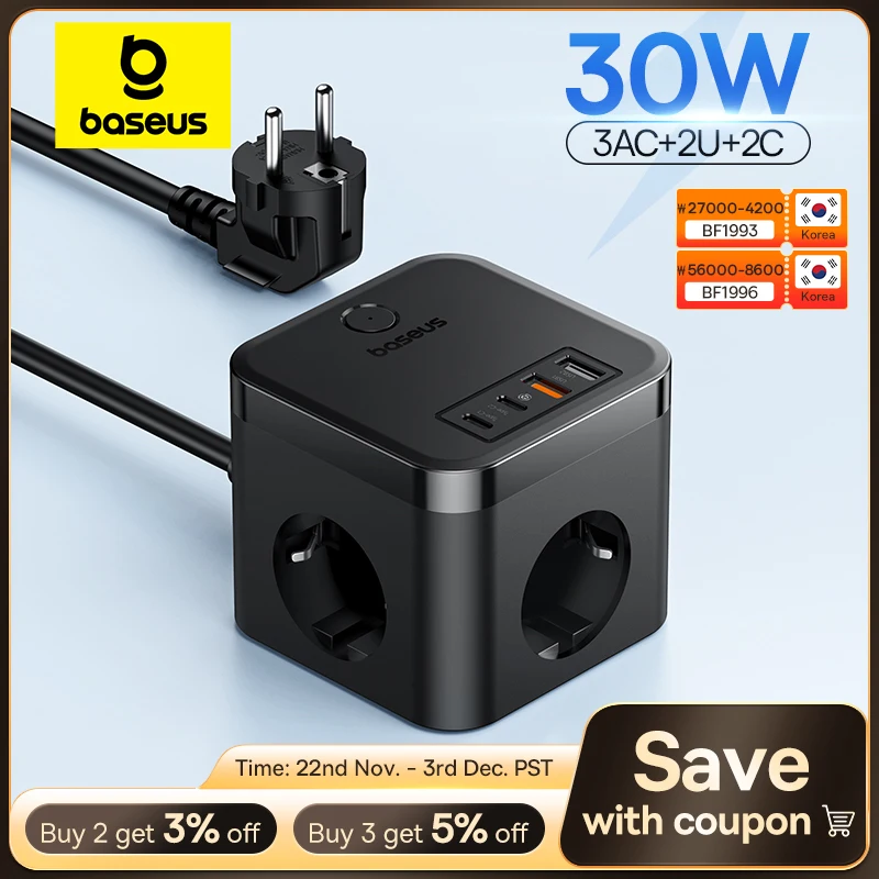 Устройство Baseus настольное с зарядным устройством 30 Вт, 3 розетки ...