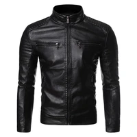 2021 autumn and winter new high quality fashion trend zipper pocket motorcycle stand collar slim ruched mens leather jacket
