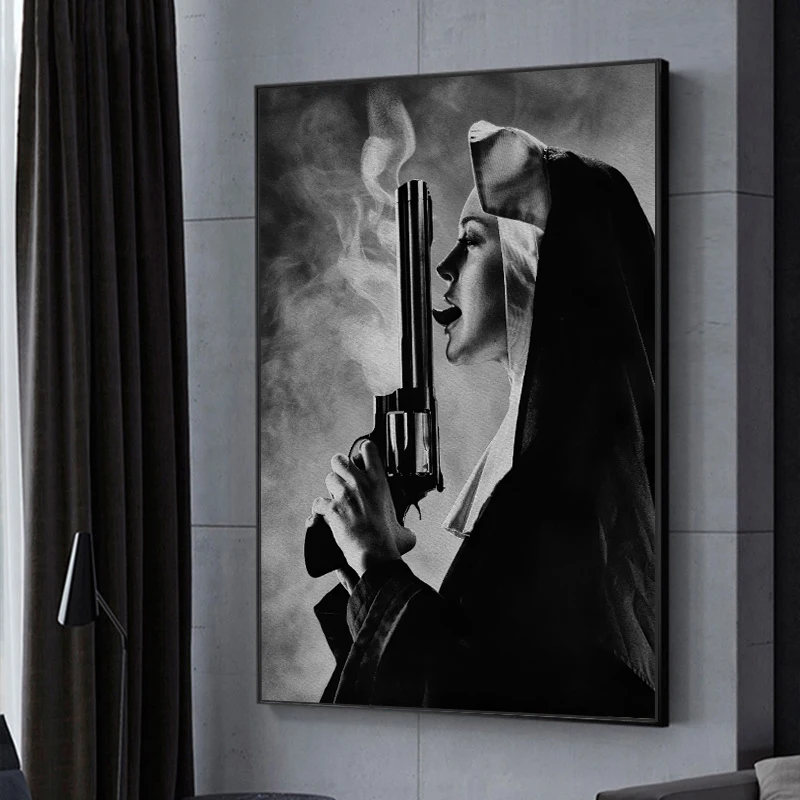 

Black and White Character Wall Art Pictures Funny Nuns Canvas Painting Nun with Gun Posters for Home Living Room Decor No Frame