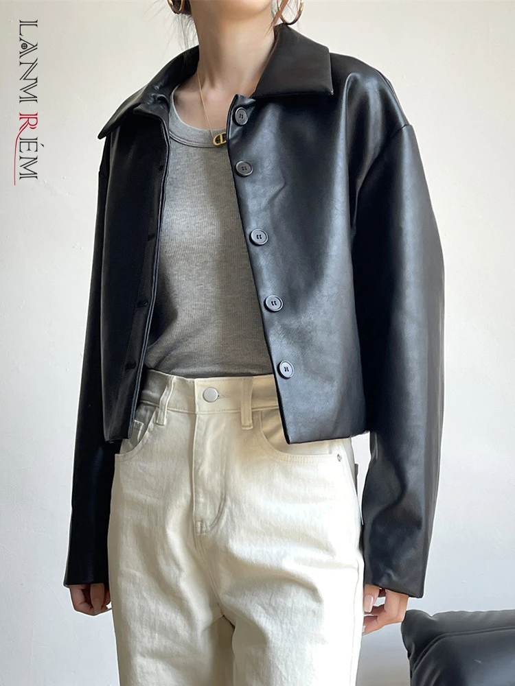 

Куртка женская из искусственной кожи, однобортная, с отворотом, осень 2023