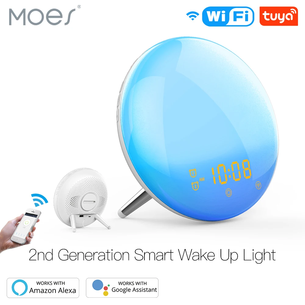 

Moes WiFi Smart Wake Up Light Workday Alarm Clock with 7 Colors Sunrise/Sunset Smart Life Tuya APP Works with Alexa Google Home