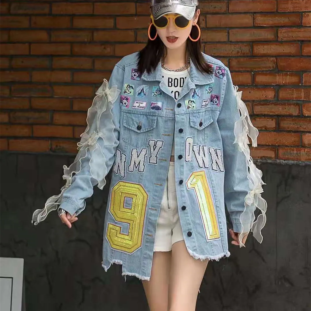 

Spring High Street Patches Denim Coat Women Plus Size Loose Jeans Outfit Mesh Spliced Holes Cardigan