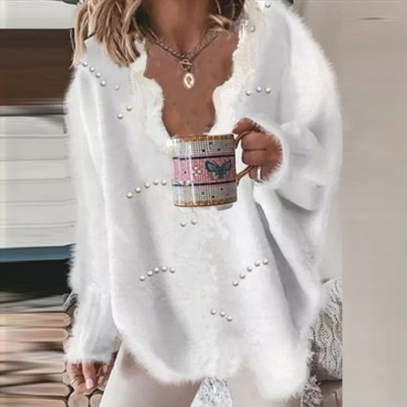 

Women's Knitted Sweaters Winter Solid Pearl Mesh Patchwork Hollow V-neck Jumper Top Long Sleeve Loose Sweater Plus Size
