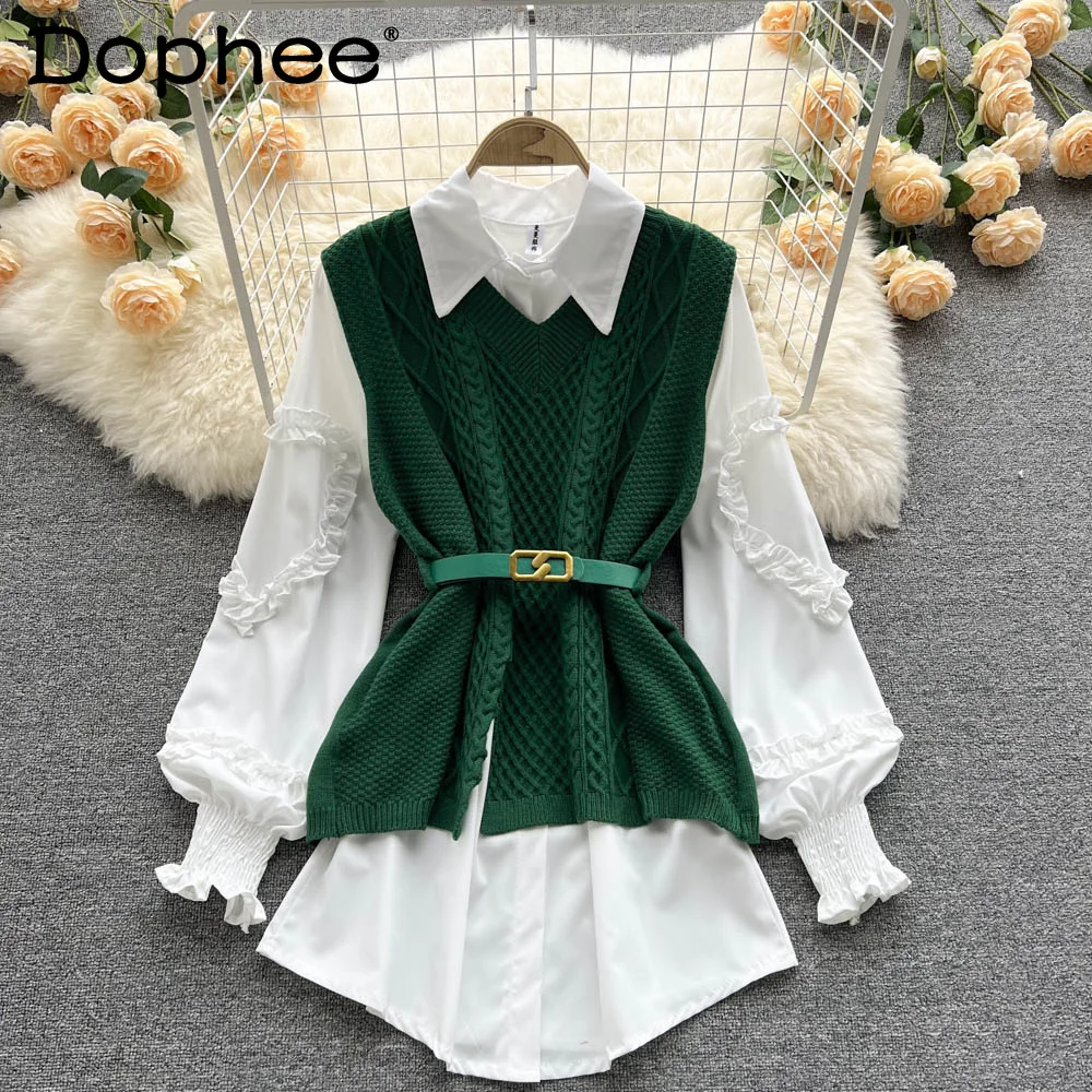 

Women Ruffles Belt Shirt Two-piece Belt New Turn-down Collar Long Sleeve Fashion Temperament Autumn Spring 2022