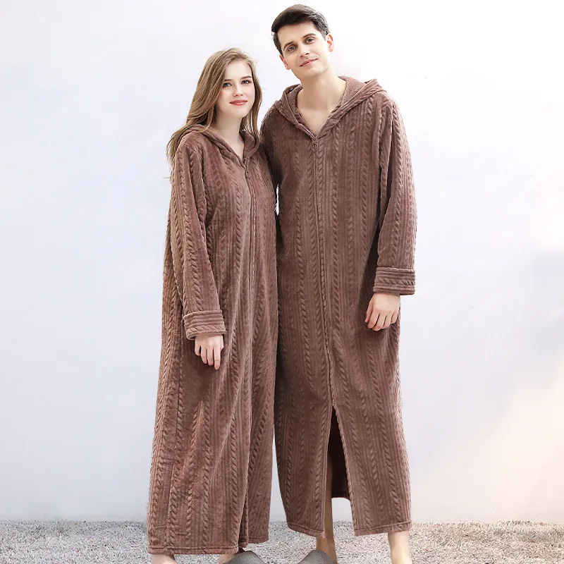 Autumn Winter Zipper Bathrobe Hooded Robe Couple Thickened Pajamas Facecloth Women Men Long Comfortable Nightgown Homewear