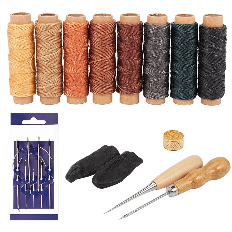 

22Pcs Leather Craft Hand Stitching Sewing Tools Awl Waxed Thread Thimble Kit