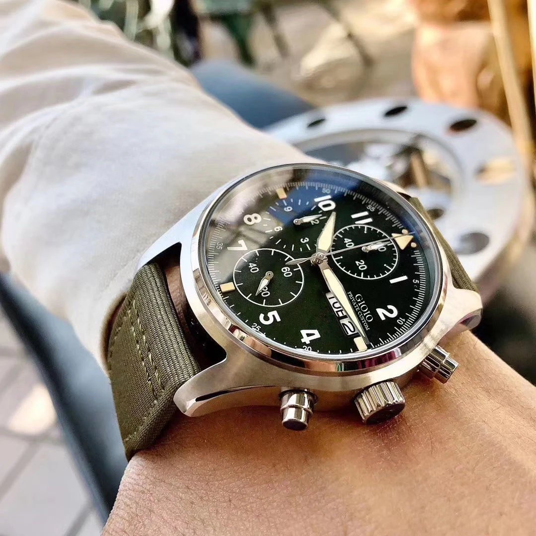 

Men Rose Gold Pilots Quartz Chronograph Watch Canvas Green Leather