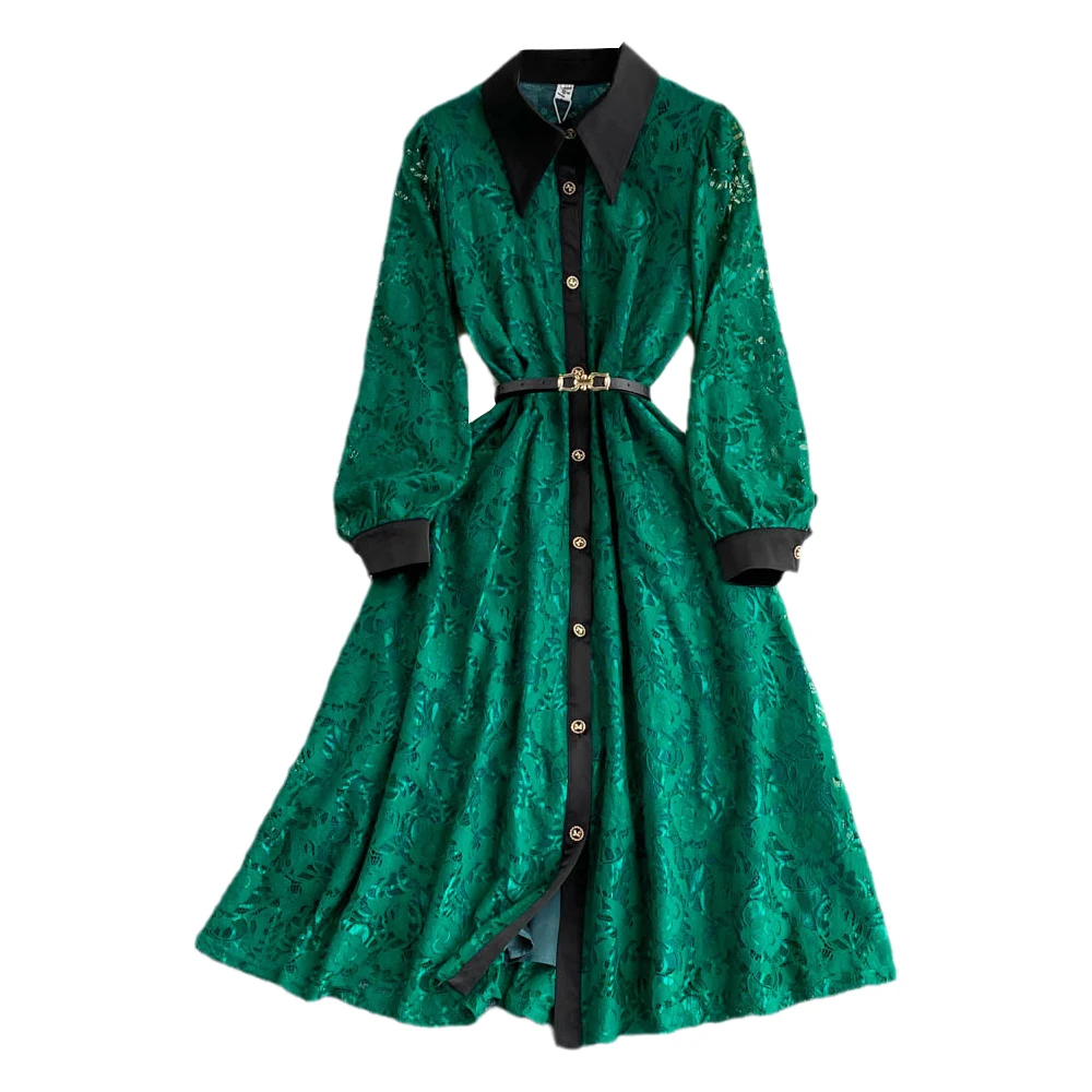 

Amolapha Women's Autunm Wintern Single Breasted HIt Color Long Sleeve High Waist Lace A-Line Maxi Dress