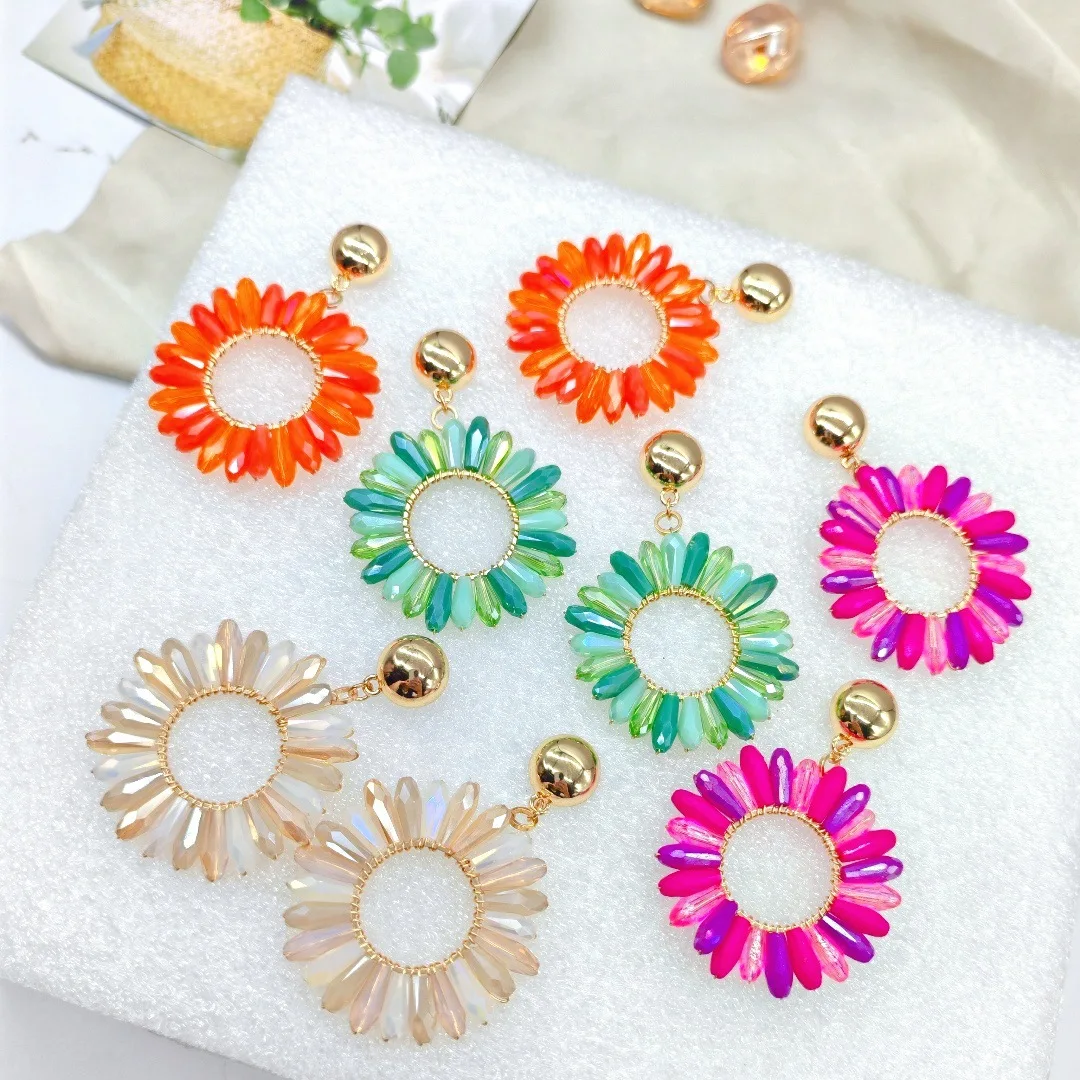 Серьги из рисовых бусин Круглый кристалл Оригинальность Ручное вязание Богемия