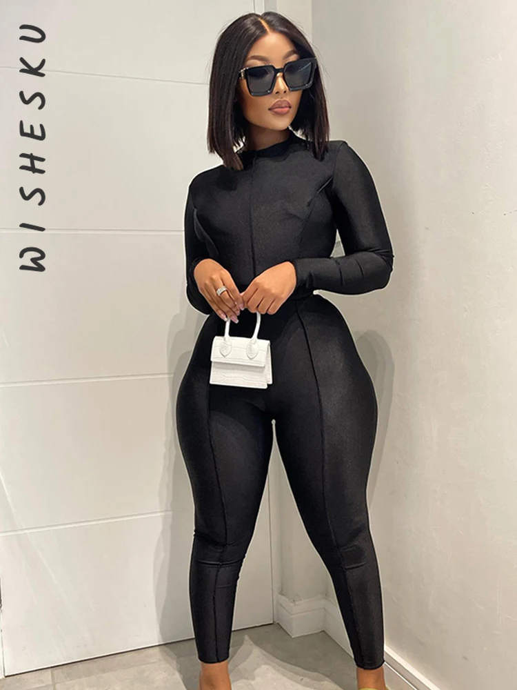 

Black Gothic Long Sleeve Slim Jumpsuits Women O Neck Stretch Grunge Pencil Pants One Piece Rompers 2022 Spring Fall Playsuits