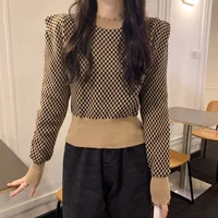 2022 autumn and winter new checkerboard small short sweater women bubble sleeve sweater joker slim foreign style jacket