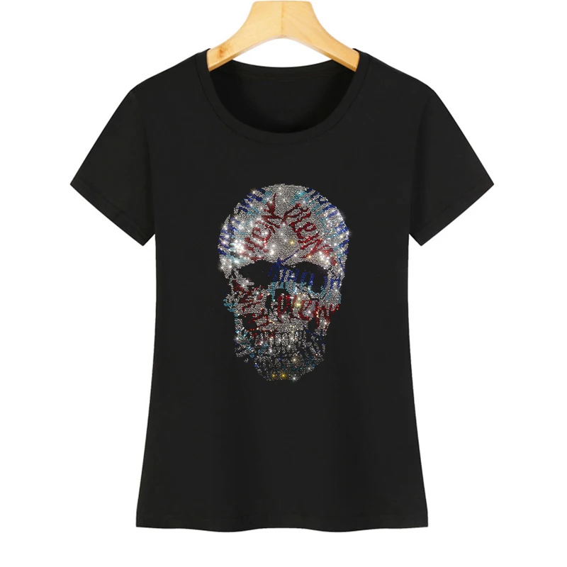 

Skull T-shirt new 2023 summer short-sleeved T-shirt crystal print cotton shirt women