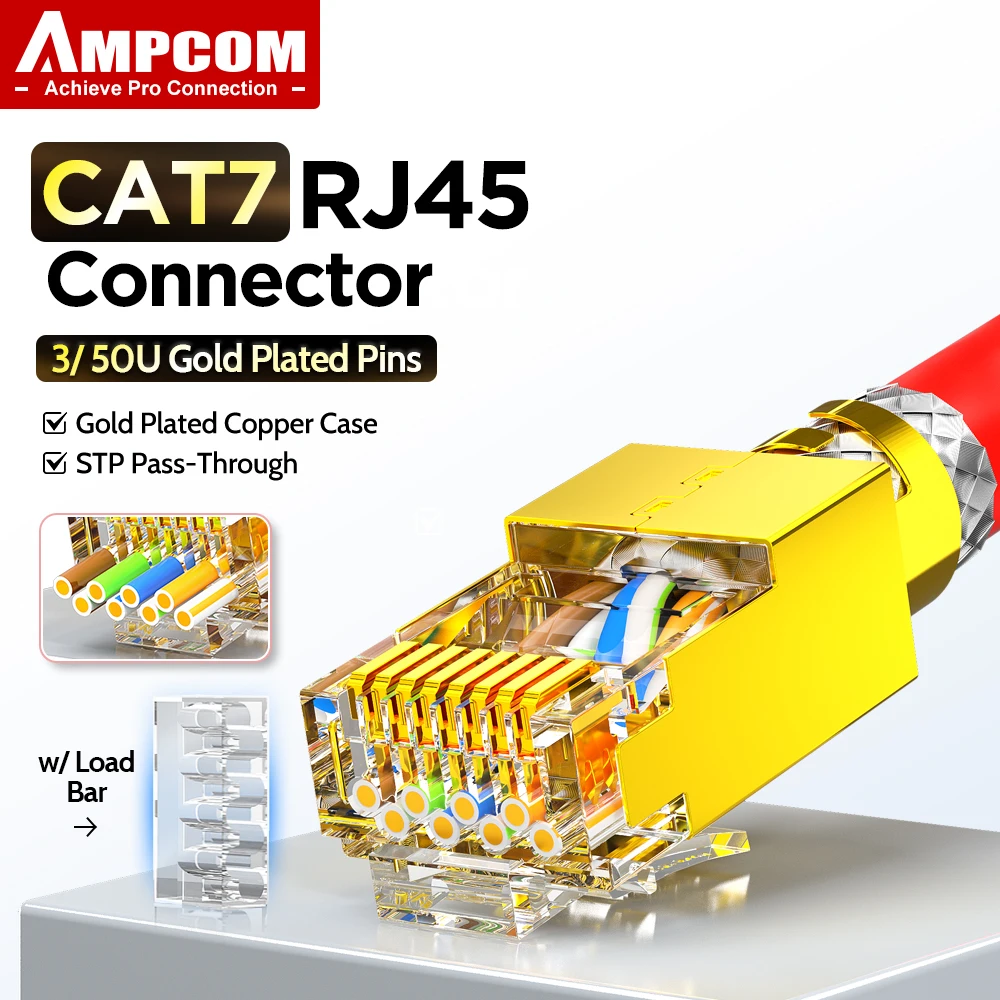 Фото AMPCOM Разъем RJ45 CAT7 сквозной, экранированный, с нагрузочной шиной, 50/3U, позолоченный, медный корпус с позолотой, внешний диаметр 1,5 мм (22-26AWG), 6-50 шт. №1