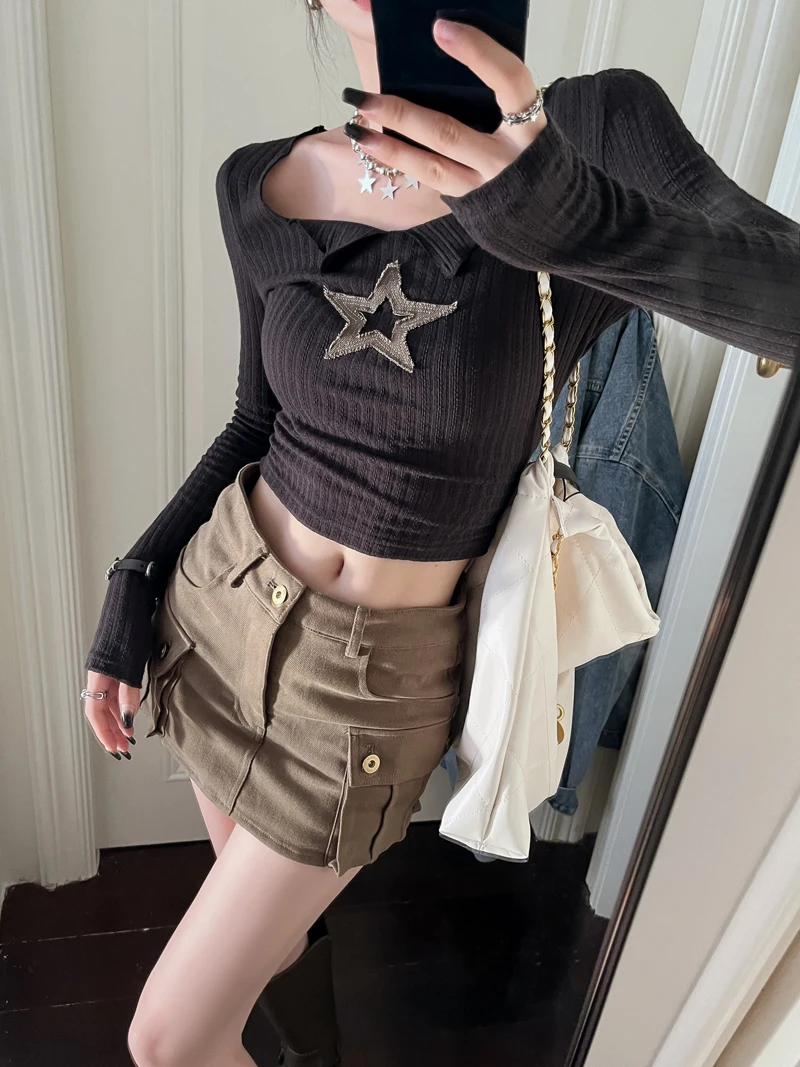 

Y2k Harajuku T Shirt Women Long Sleeve Star Grunge Aesthetic Vintage T Shirt American Retro Crop Tops Autumn Srping Fashion wome