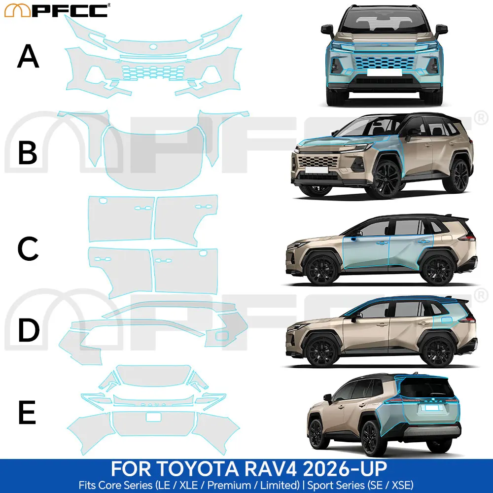 Фото Для Toyota RAV4 2026-2027: Полный ассортимент моделей, защитная пленка из ТПУ для лакокрасочного покрытия, антицарапийная, предварительно вырезанная, прозрачная защитная пленка (PPF) для автомобиля, устойчивая к царапинам. №2