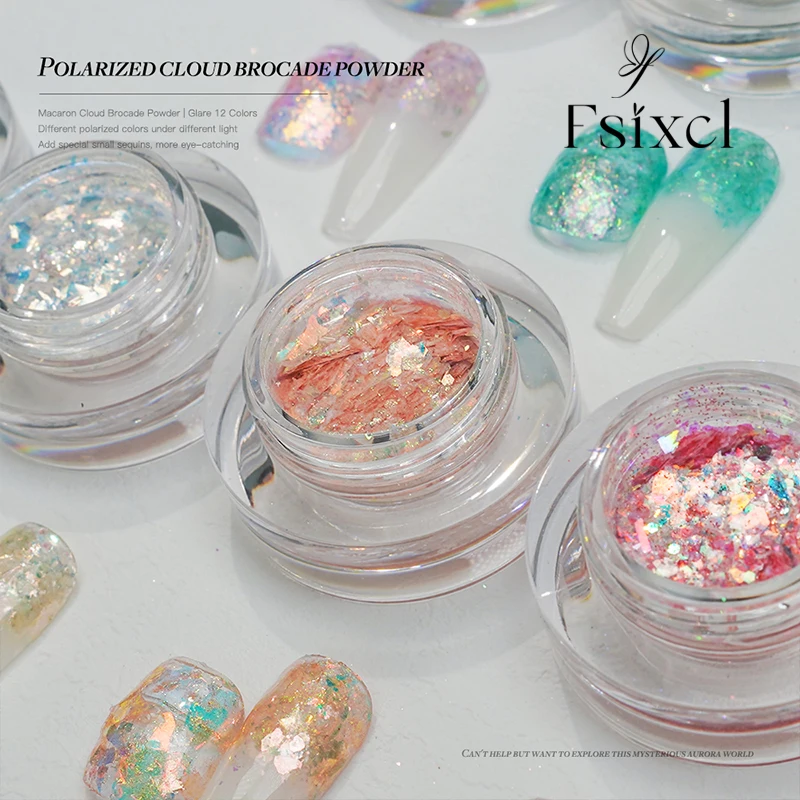 FSIXCL 12 цветов, нестандартные хлопья, Аврора, искусственные Блестки для ногтей, профессиональные блестки, порошок для маникюра, серия PN