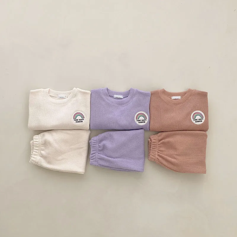 

2022 Autumn Infant Rainbow Long Sleeve T-shirt Set Girl Baby Fashion Cotton Tops+solid Pants 2pcs Suit Boy Baby Sweatshirt Suits