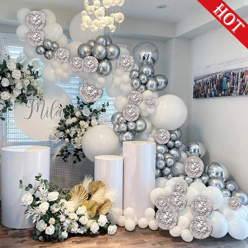 

Birthday Arche Ballon Anniversaire White Silver Balloons Baby Shower Balloon Wedding Bachlorette Party Decoration Mariage Globos