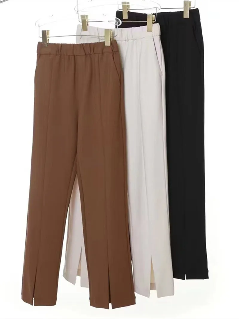 Women's Slit Slim Suit Trousers Ladies Solid Color Elastic Waist All-Match Long Pants with Pockets 2022 Autumn New