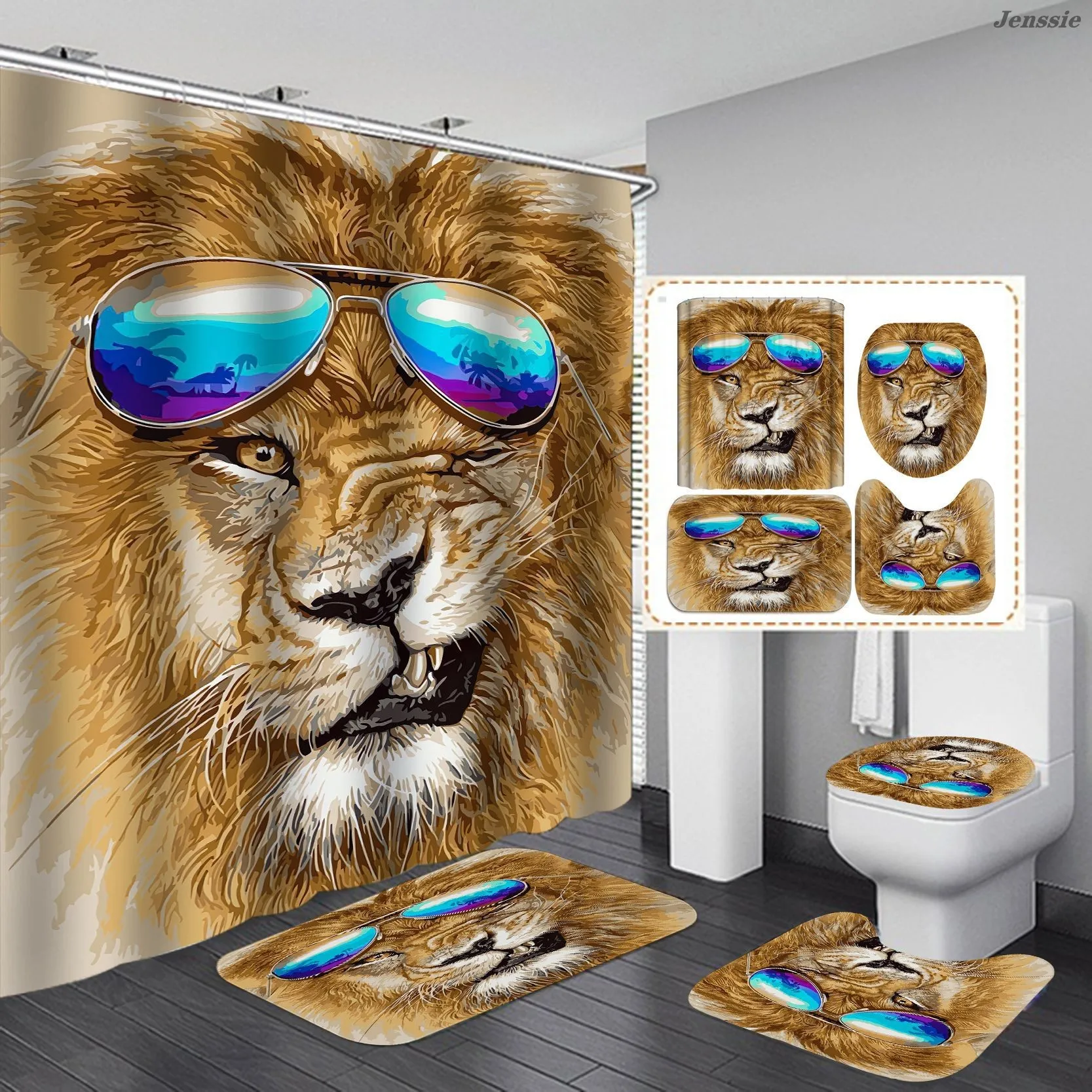 

Animal Print Black Shower Curtains Lion Tiger Cheetah 3D Bathroom Curtain Set Anti-slip Bath Mat Soft Toilet Lid Cover Home Rugs