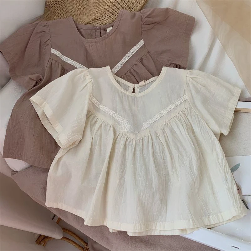 

New Children Shirts for Girls Fashion Short Sleeve Lace Girls Blouses Children Tops 2023 Summer Children Clothes Kids