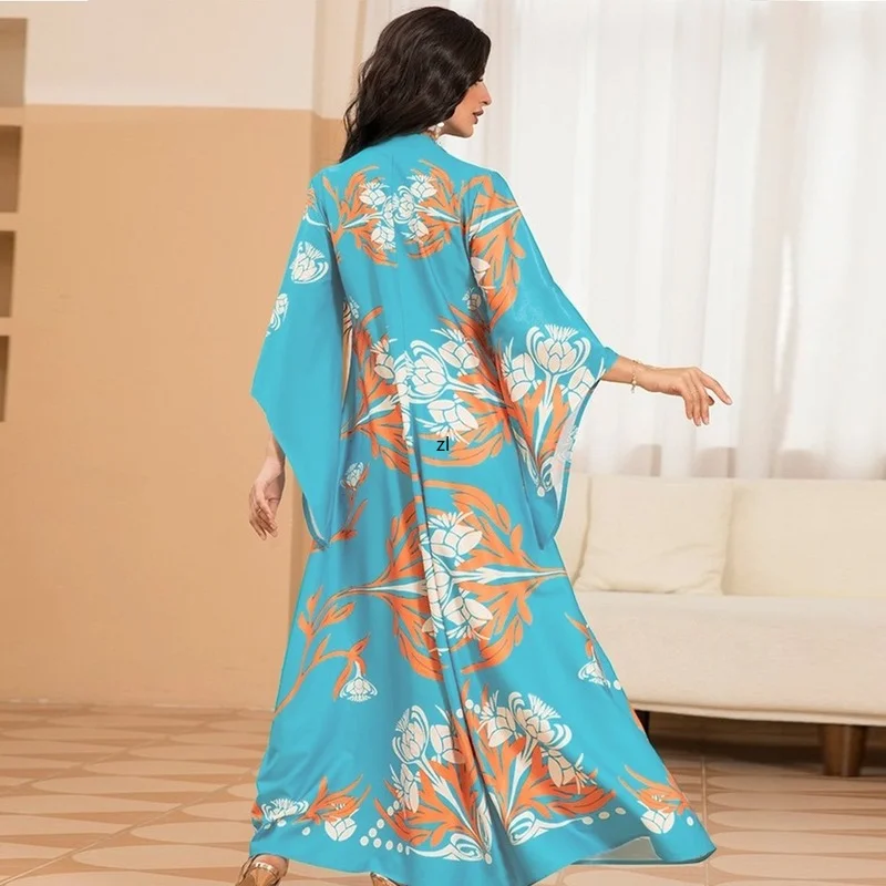 Printed Abaya Arabic Long Dress  Women Streamer Neck Oblique Cuff Muslim Dresses Dubai Abaya Middle East Saudi Jalabiya Kaftan