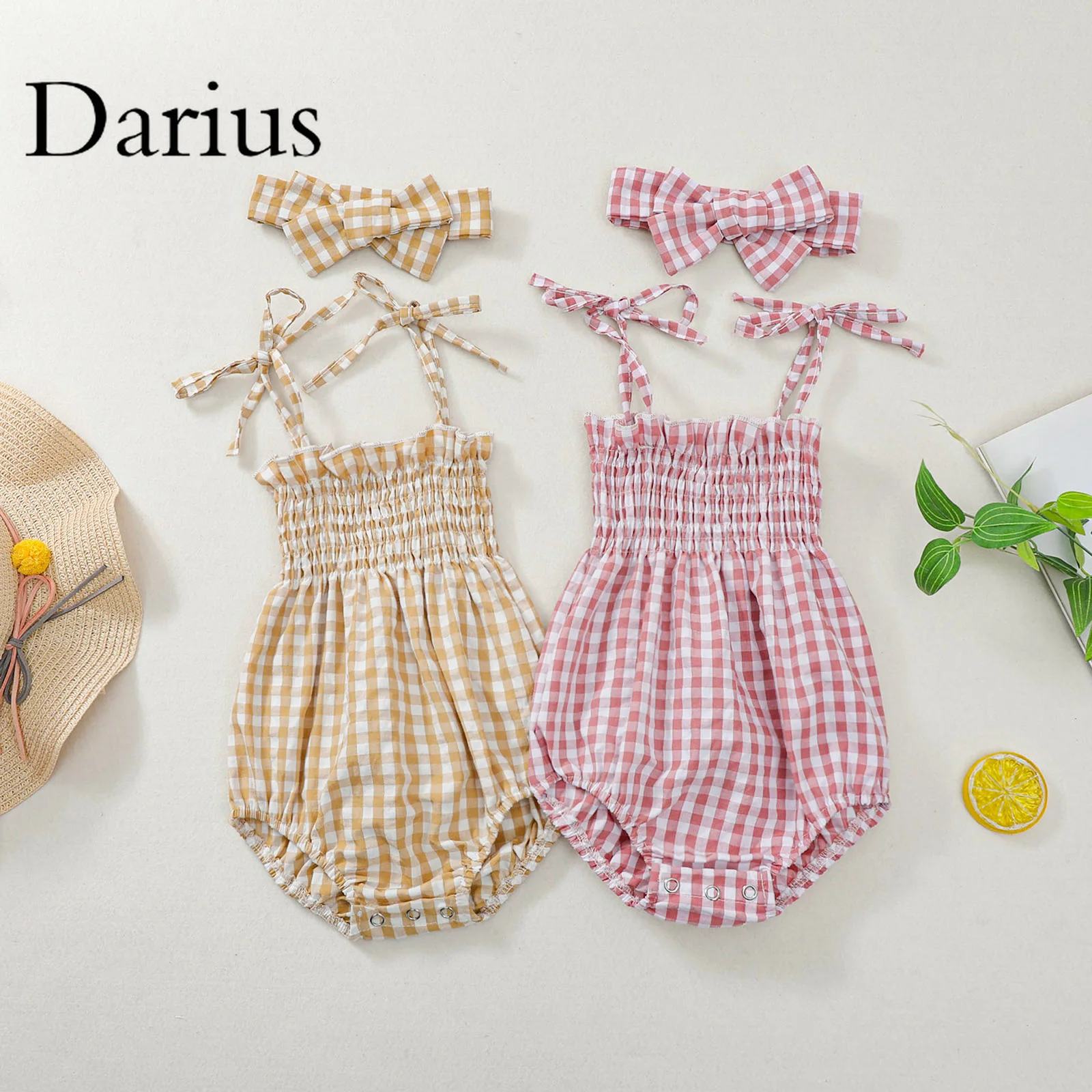 

Striped Plaid Cotton Baby Girls Romper with Headband