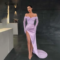 purple off the shoulder mermaid prom dresses sequins high split sexy party gown pleats satin v neck evening dress formal gowns