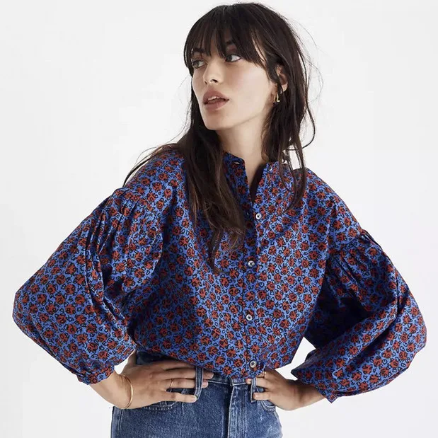 

French Style Print Blusas Lantern Sleeve Loose Blouses Female Vintage Casual Camisas Mujer Elegant 2022 New Tops Women Shirts