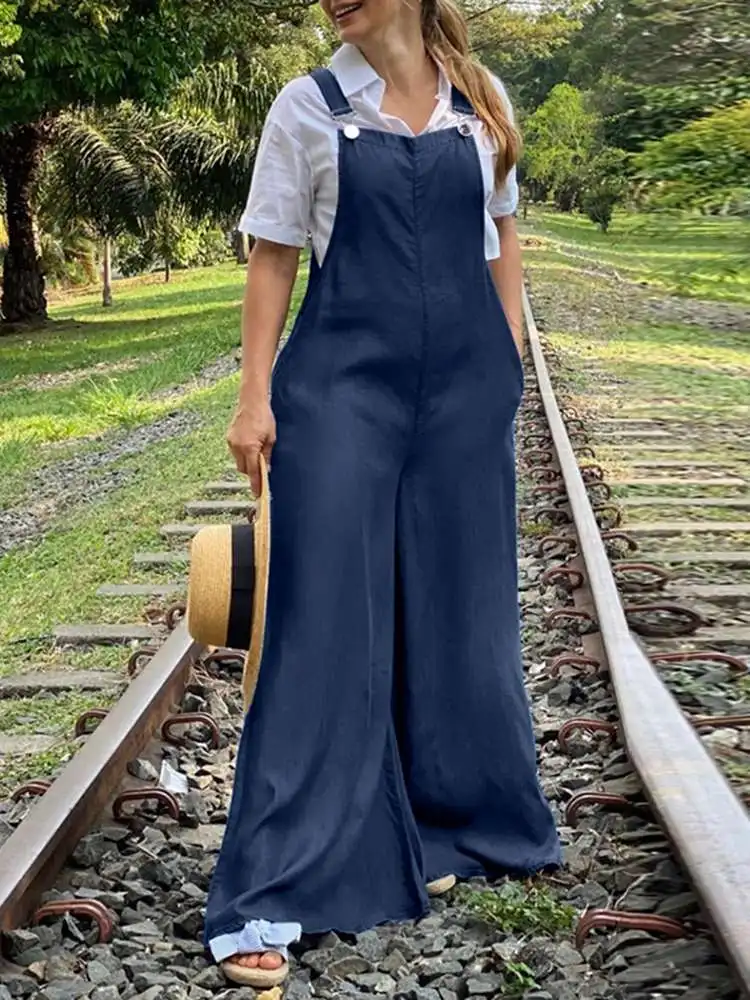 

VONDA Ladies Summer Palazzo Women Sleeveless Loose Overall Solid Color Trousers Wide Leg Pants Button Up Long Jumpsuits Oversize