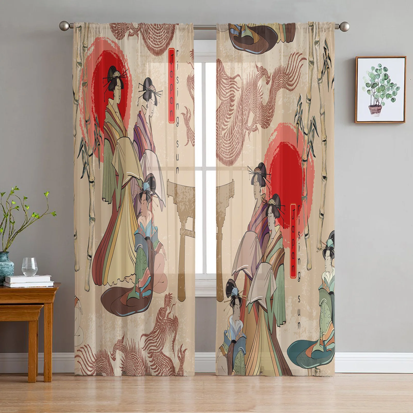 

Japan Red Sun Geisha Woman Dragon Bamboo Chiffon Sheer Curtains for Living Room Bedroom Decor Window Voile Tulle Curtain Drapes