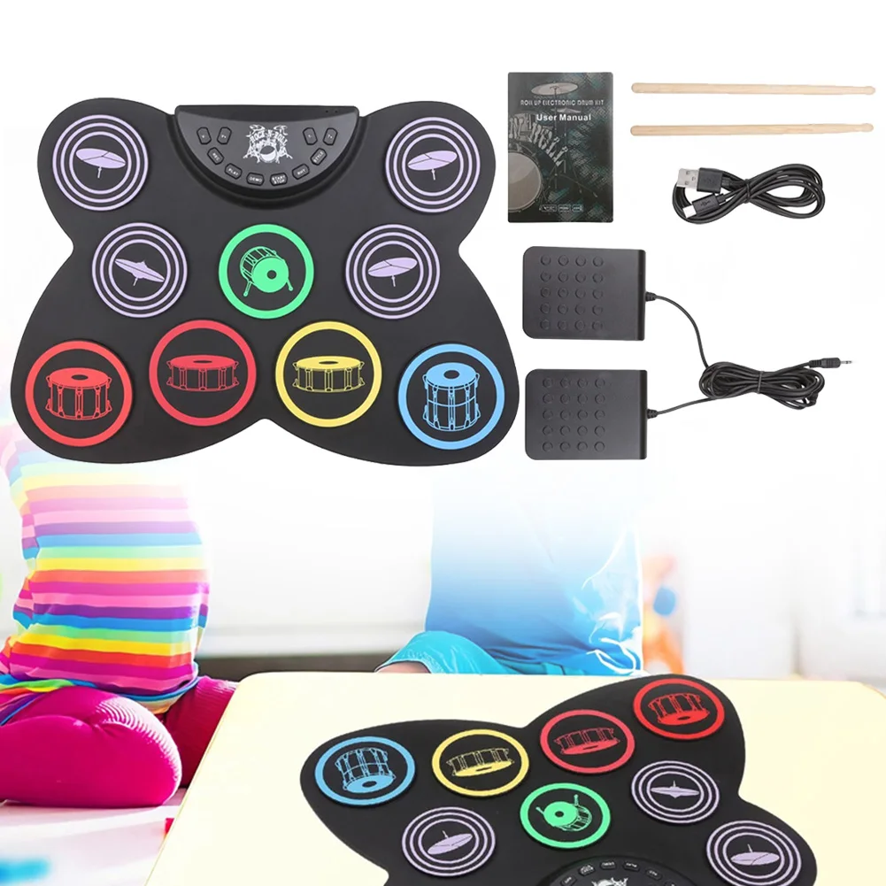 

9 Pads Electronic Digital Drum USB Roll Up Drum Set For Beginners Training Compact Size USB Folding Silicon Drum Pad