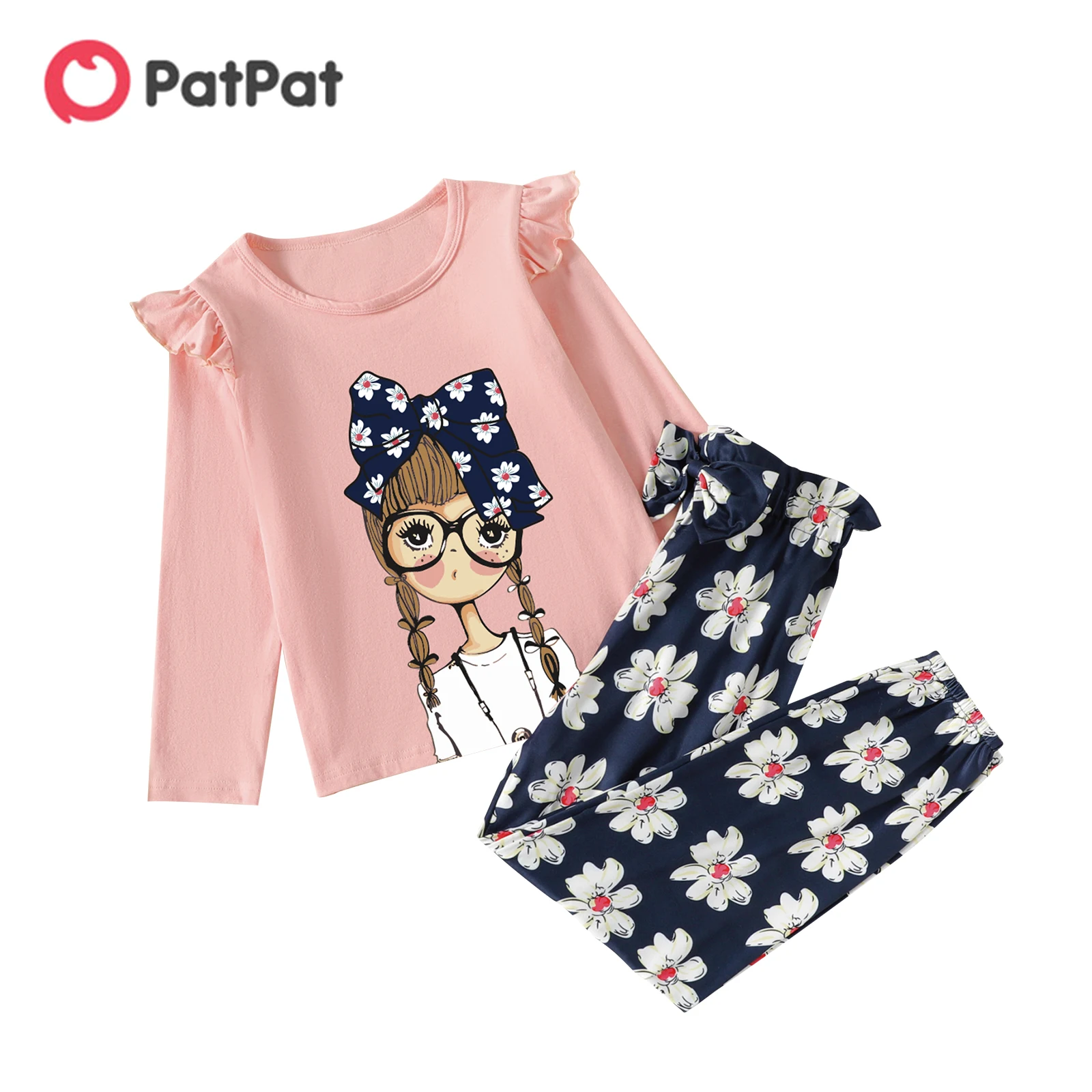 

PatPat 2pcs Kid Girl Ruffled Figure Print Pure Cotton Tee and Floral Print Bowknot Design Pants Set