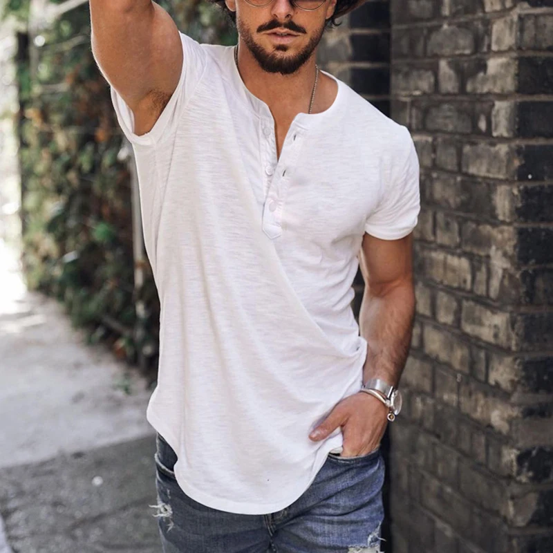 

Casual Short Sleeve Button O-neck Pullover Top Summer Solid Short Sleeve Tee Top For Man Clothing 2023 Men's Shirt Streetwear