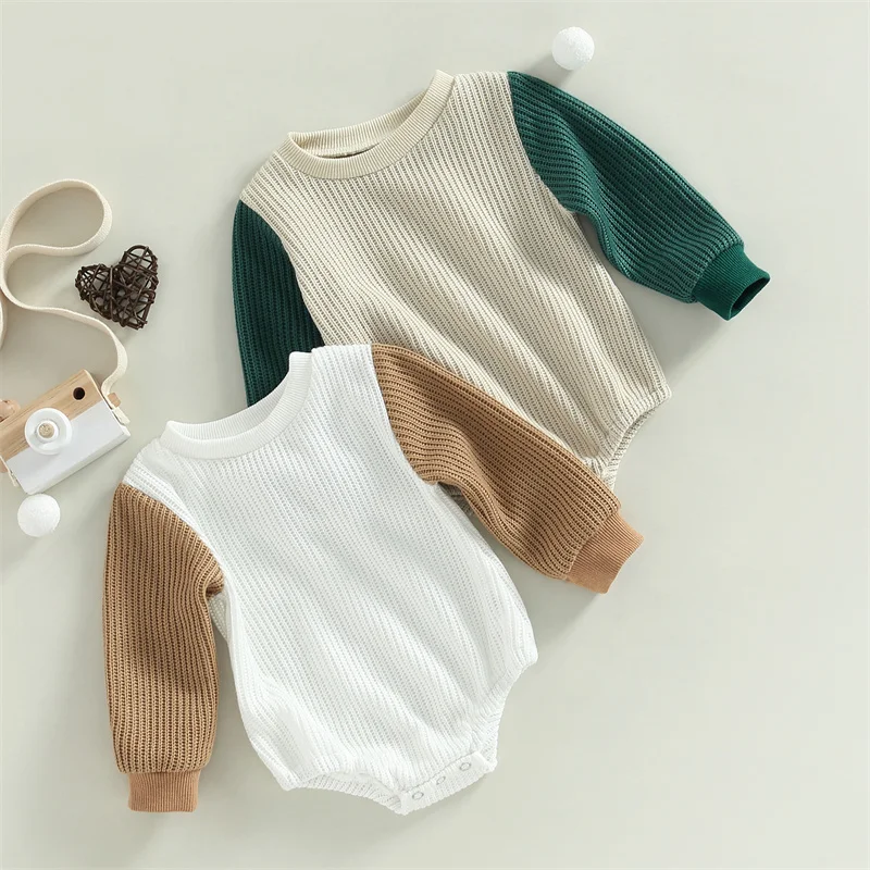 

0-18 Months Infant Baby Knitted Romper Contrast Color Long Sleeve Round Neck Snap Closure Jumpsuit Boy Girl Fall Spring Clothes