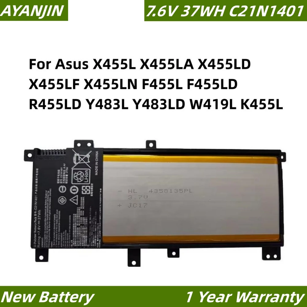 Фото Аккумулятор для ноутбука C21N1401 7.6V 37WH для Asus X455L X455LA X455LD X455LF X455LN F455L F455LD R455LD Y483L Y483LD W419L K455L №1