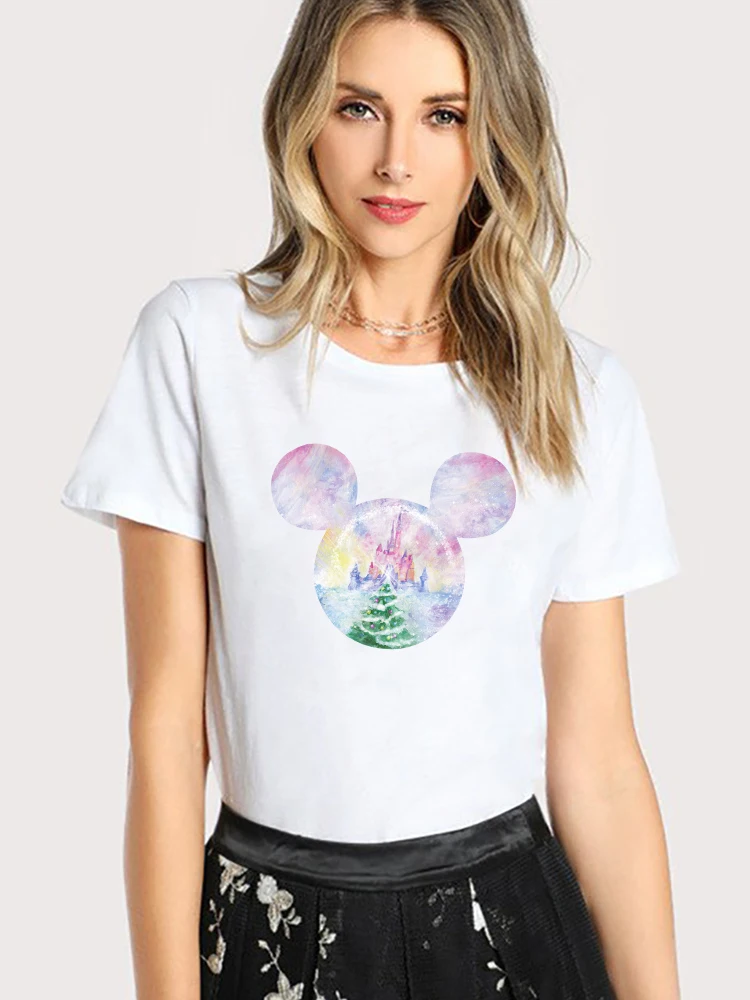 

Disney Fashion Women Trend T-Shirts Comfy Dropship Kawaii White Mickey Mouse Head Print Female T Shirts Hot Selling Short Sleeve