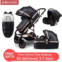 Luxury baby stroller 3 in 1 PU Leather Travel Baby Carriage Folding Prams Aluminum Frame High Landscape Car for Newborn Baby