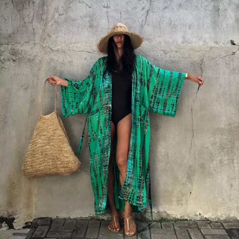 

2022 Green Sexy Bikini Cover-ups Boho Printed Fringed Long Kimono Carfigan Tunic Women Beach Wear Swim Suit Cover Up