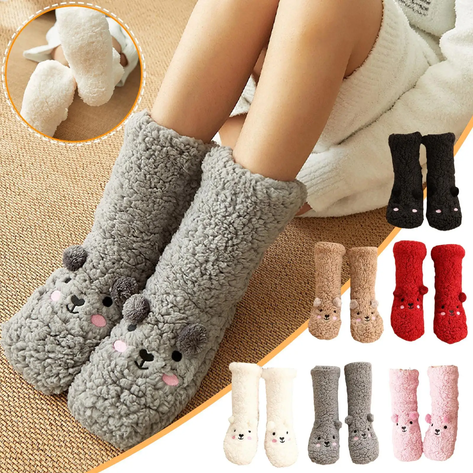 

Женские зимние пушистые носки, теплые мягкие флисовые Носки с подкладкой, нескользящие носки с захватом, милые носки, тапочки до середины ик...