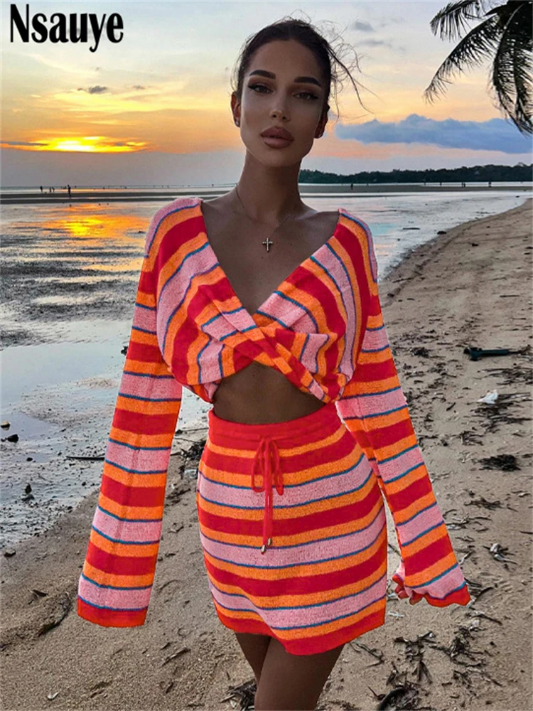 Neck Striped Knitted Women Skirt Dress 