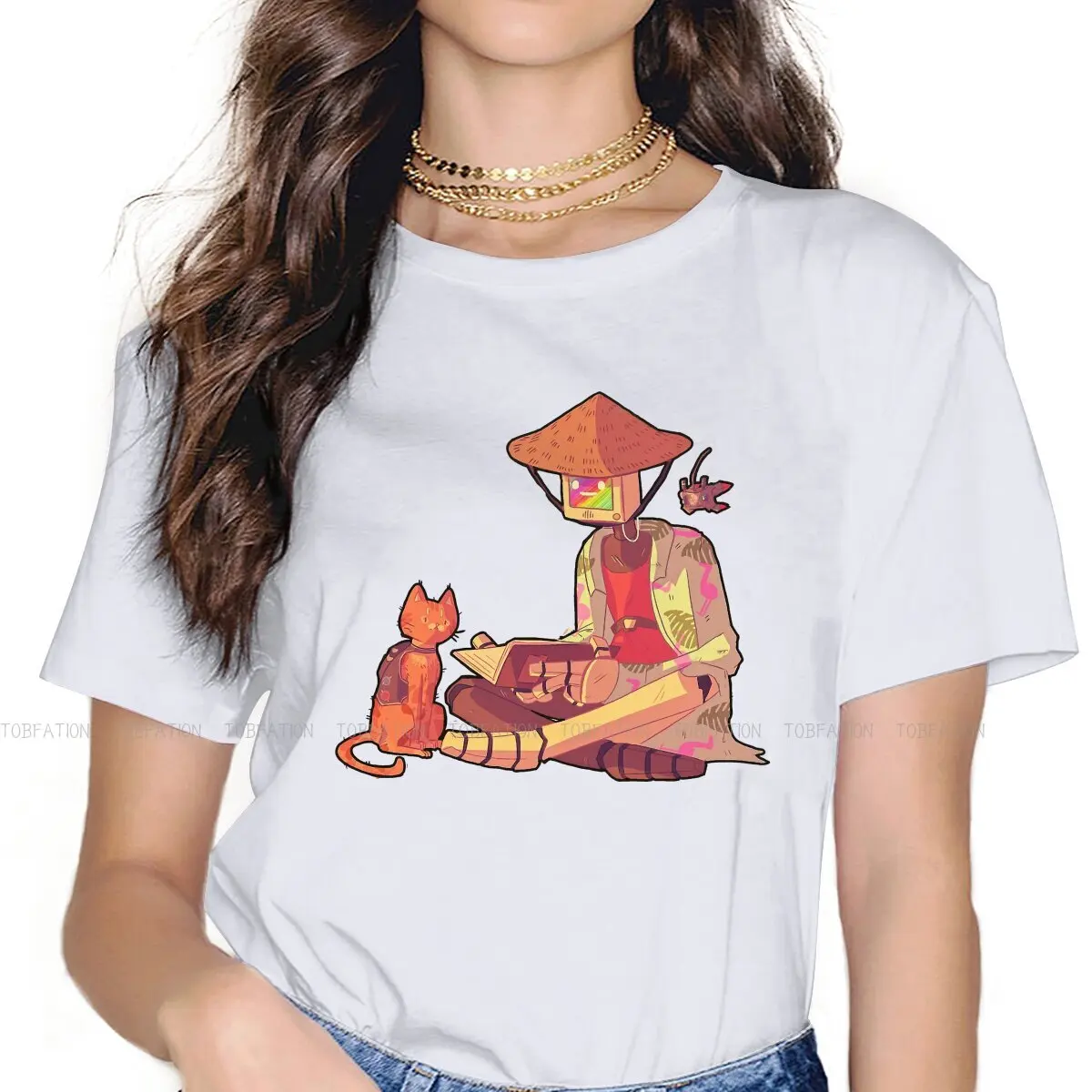 Round Collar TShirt  Stray Steam Game Cute Cat B-12 Robot Pure Cotton Classic T Shirt Woman's New Design 5XL Big Sale