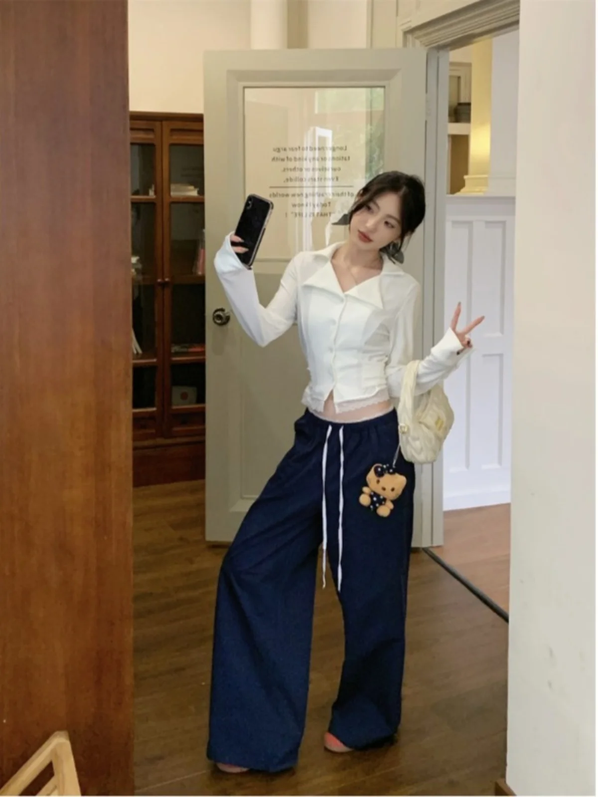 Корейская кружевная длинная рубашка с короткими рукавами и высокой талией