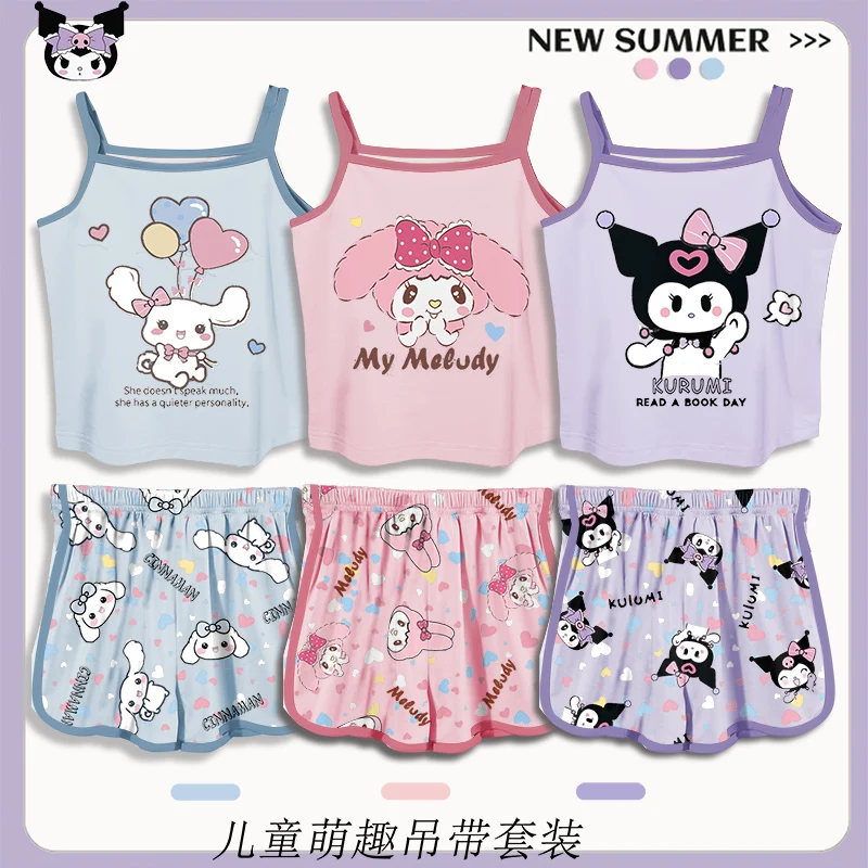 

Новинка 2023, Детская Пижама Sanrio Kuromi My Melody Cinnamoroll, летняя тонкая хлопковая кофта для мамы и дочки, домашний комплект одежды