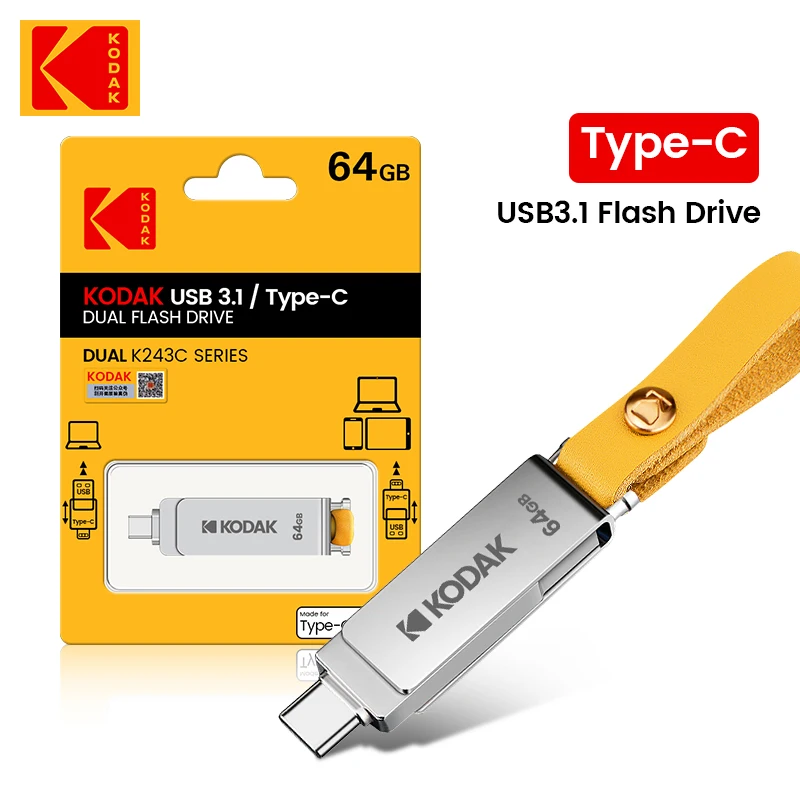 10pcs Kodak K243C USB Flash Drives OTG 64GB USB 3.1 Type-C Pen Drive 64GB high speed PenDrive with Leather lanyard