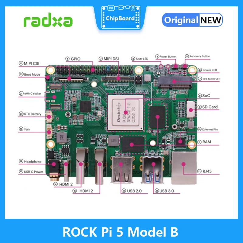 8-ядерная макетная плата Radxa ROCK Pi 5B 5 Model B RK3588 RAM 4 Гб 8 16 опционально
