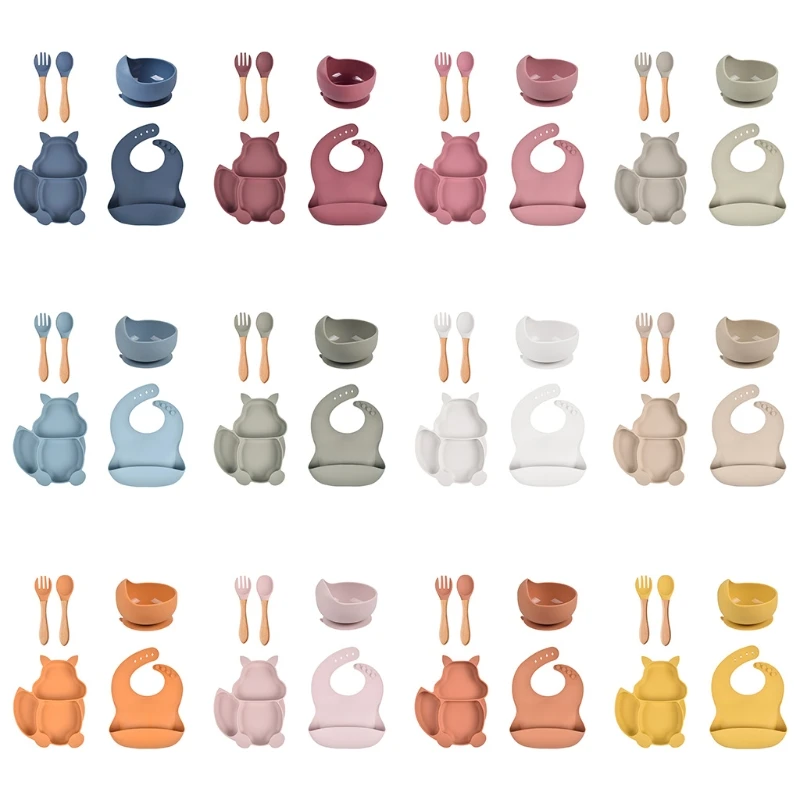

5 PCS Baby Silicone Dish Bib Set Feeding Tableware Baby Kitchenware Multi-Color
