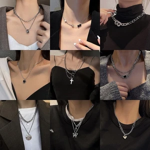 European and American retro light luxury black crystal niche necklace ladies mens hip-hop trend design collarbone chain gift