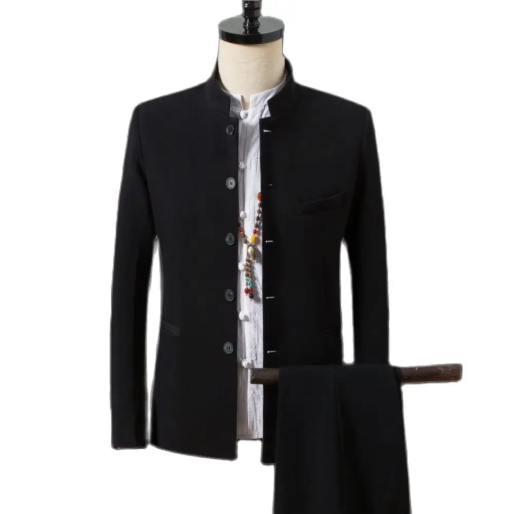 

Chinese Style Autumn Suit Men's Solid Color Casual Stand Collar Blazers Jacket Pants 2pcs Set Coat Trouser wedding party formal