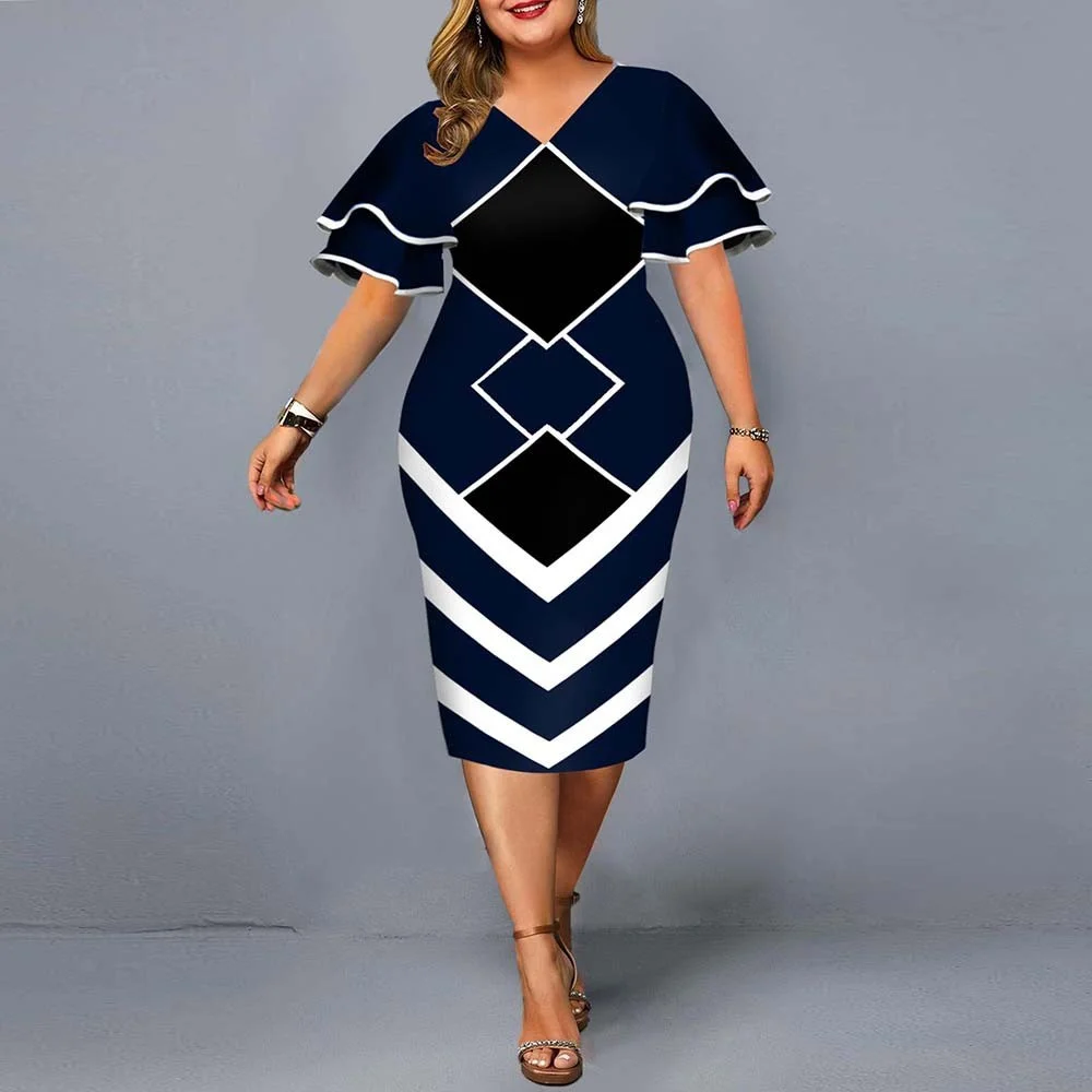 Plus Size Women Clothing Fall Fashion V-Neck Digital Printing Short Flying Sleeve Ladies Dress 2022 XL-5XL Oversized